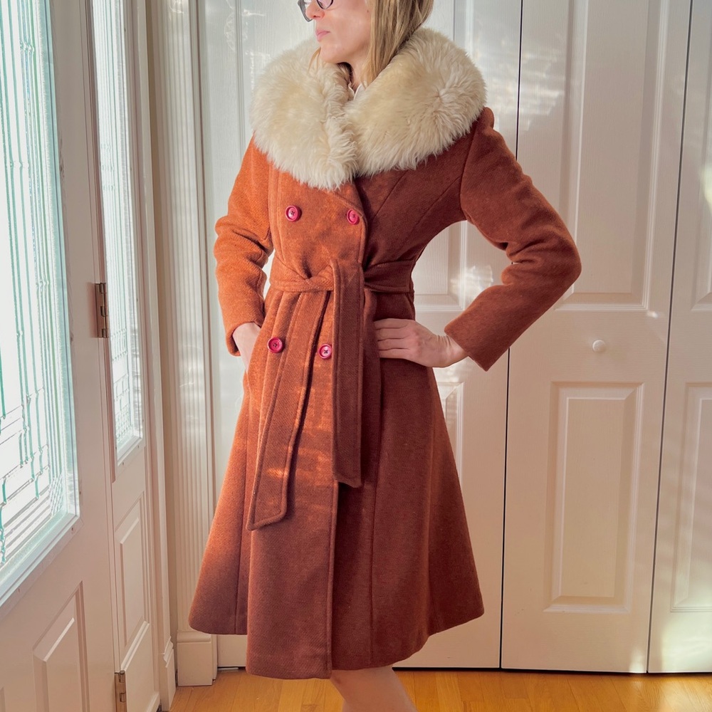 1970/1980’s Mid Century Modern Burnt Orange Wool Princess/Swing Coat